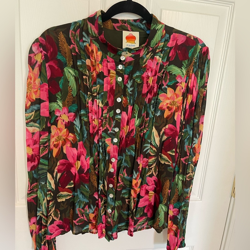 FARM Rio for Anthropologie Floral Button-Up Blouse in Pink, Green & Brown